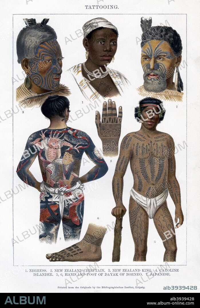 'Tattooing', 1800-1900. Engraving to illustrate different tattooing styles from around the World. Negress, New Zealand Chieftain, New Zealand King, Caroline Islander, Hand and Foot of Dayak of Borneo, Japanese. Original print by the Bibliographisches Institue, Leipzig.