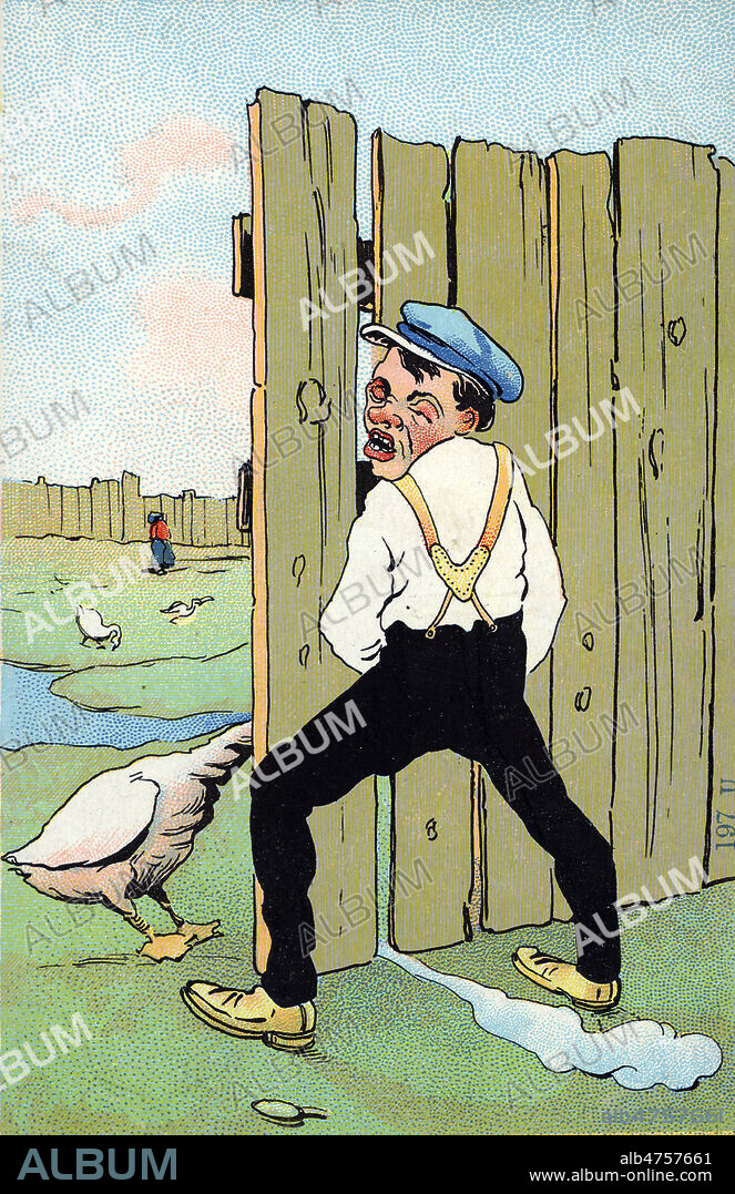 Un homme qui urinait sur une palissade se fait mordre le sexe par une oie. Illustration anonyme pour une carte postale humoristique, vers 1910. Credit : Collection IM/KHARBINE-TAPABOR.