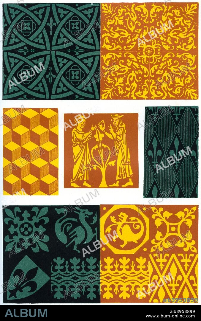 Paving tiles of the 14th and 15th century, (1870). A chromolithographic print from The Arts of the Middle Ages and at the Period of the Renaissance, by Paul Lacroix, (London, 1870).