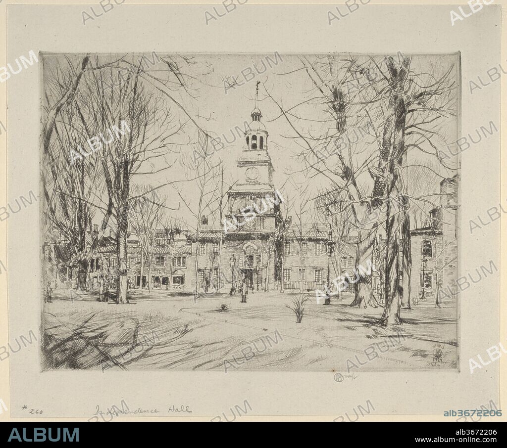 Independence Hall. Artist: Childe Hassam (American, Dorchester, Massachusetts 1859-1935 East Hampton, New York). Dimensions: Plate: 6 3/4 x 8 7/8 in. (17.2 x 22.6 cm)
Sheet: 8 3/4 x 10 3/8 in. (22.3 x 26.3 cm). Date: 1926.