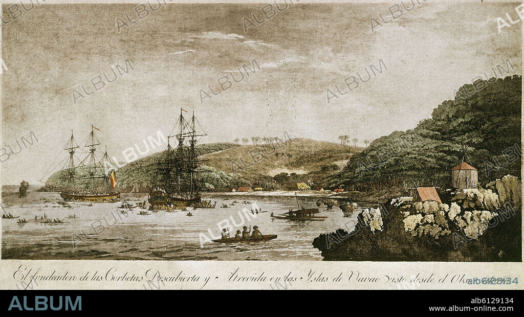 FERNANDO BRAMBILA. EL FONDEADERO DE LAS CORBETAS DESCUBIERTA Y ATREVIDA EN LAS ISLAS VAVAO VISTO DESDE EL OBSERVATORIO - SIGLO XVIII.