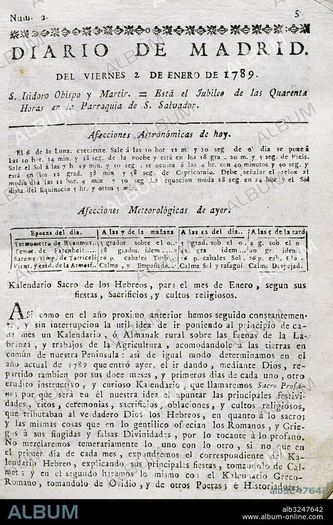 PRENSA ESPAÑOLA. SIGLO XVIII. "DIARIO DE MADRID". Número 2, viernes 2 de enero de 1789. Con privilegio real en el despacho principal del diario.