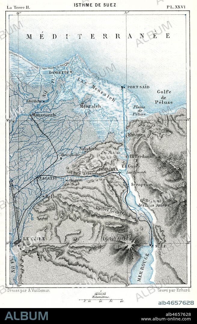Isthme de Suez. Carte geographique dresse par A. VUILLEMIN pour La Terre par Elisee RECLUS (1830-1905). Credit : Coll. Jonas/KHARBINE-TAPABOR.