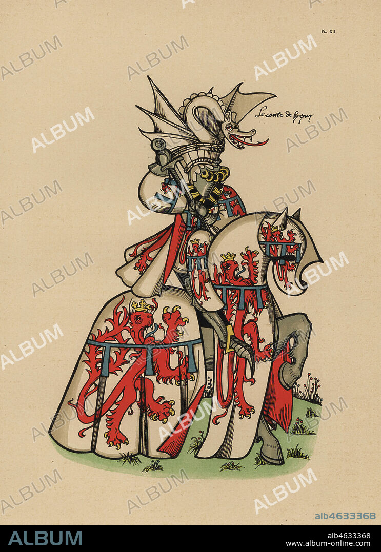 Jean de Luxembourg, comte de Lyons, John II of Luxembourg, Count of Ligny, 1392-1441. Chromolithograph from Loredan Larchey's Ancien Armorial Equestre de la Toison d'Or et de l'Europe au 15e siecle (Ancient Equestrian Armorials of the Order of the Golden Fleece and Europe in the 15th century), Paris, 1890. From illustrated manuscript 4790 in the Bibliotheque de l'Arsenal.
