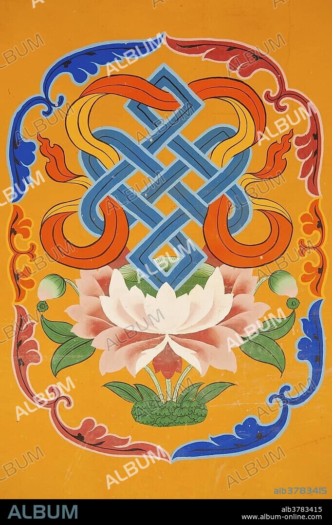 Tibetan Buddhism, mural painting, emblem, endless knot above a lotus blossom, Jokhang Temple, Lhasa, Ue-Tsang, Central Tibet, Tibet Autonomous Region, Himalaya Range, People's Republic of China, Asia.