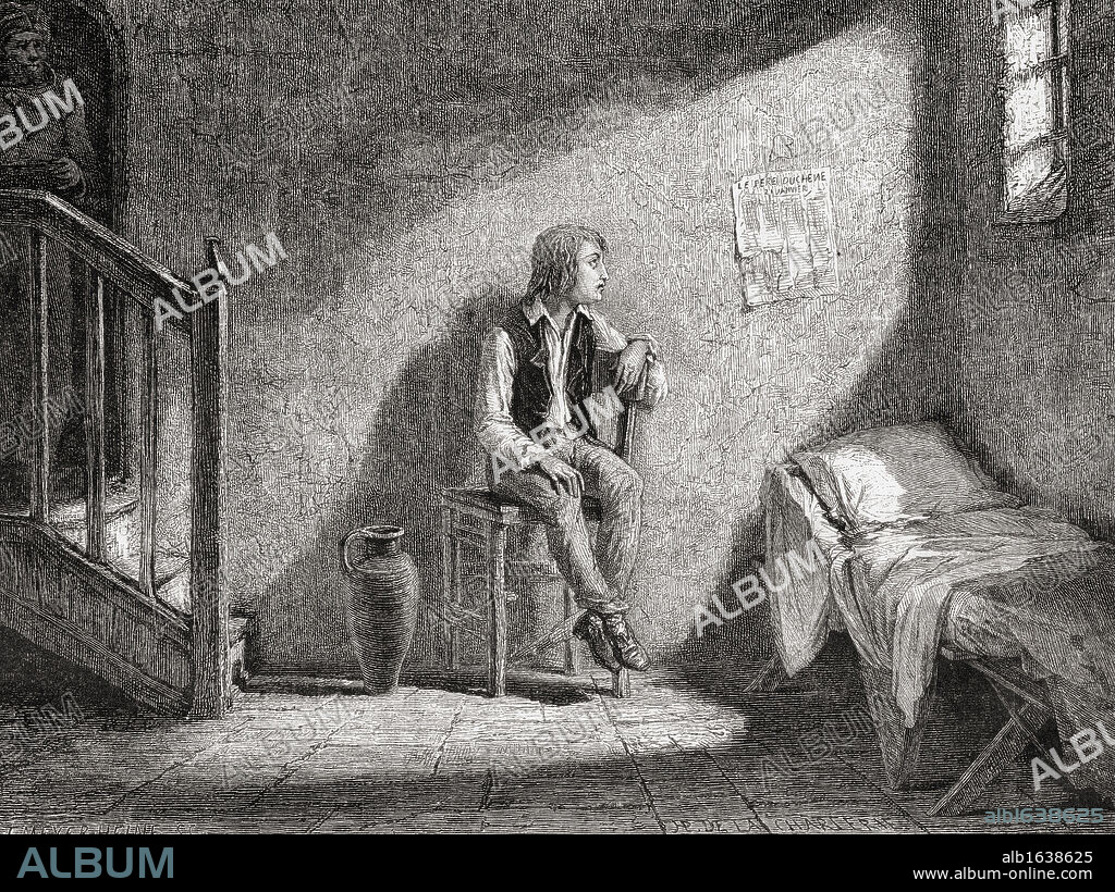 The Dauphin in the Temple prison. Louis XVII(Louis Charles), 1785-1795?, titular king of France (1793-95), known in popular legend as the "lost dauphin." Engraved by Meyer-Heine after De La Charlerie.From "Histoire de la Revolution Francaise" by Louis Blanc.