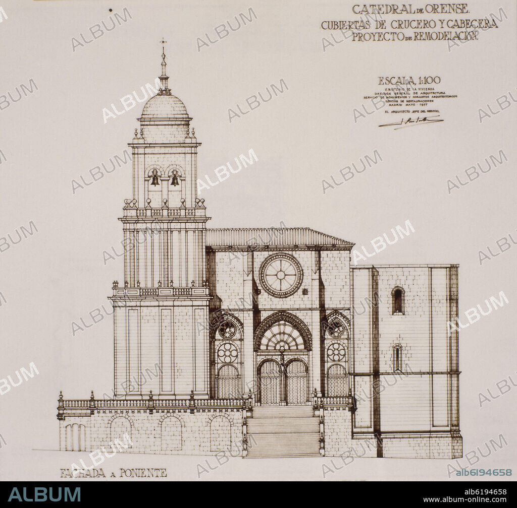 PLANO DE LA CATEDRAL DE ORENSE - FACHADA PONIENTE - SIGLO XX.
