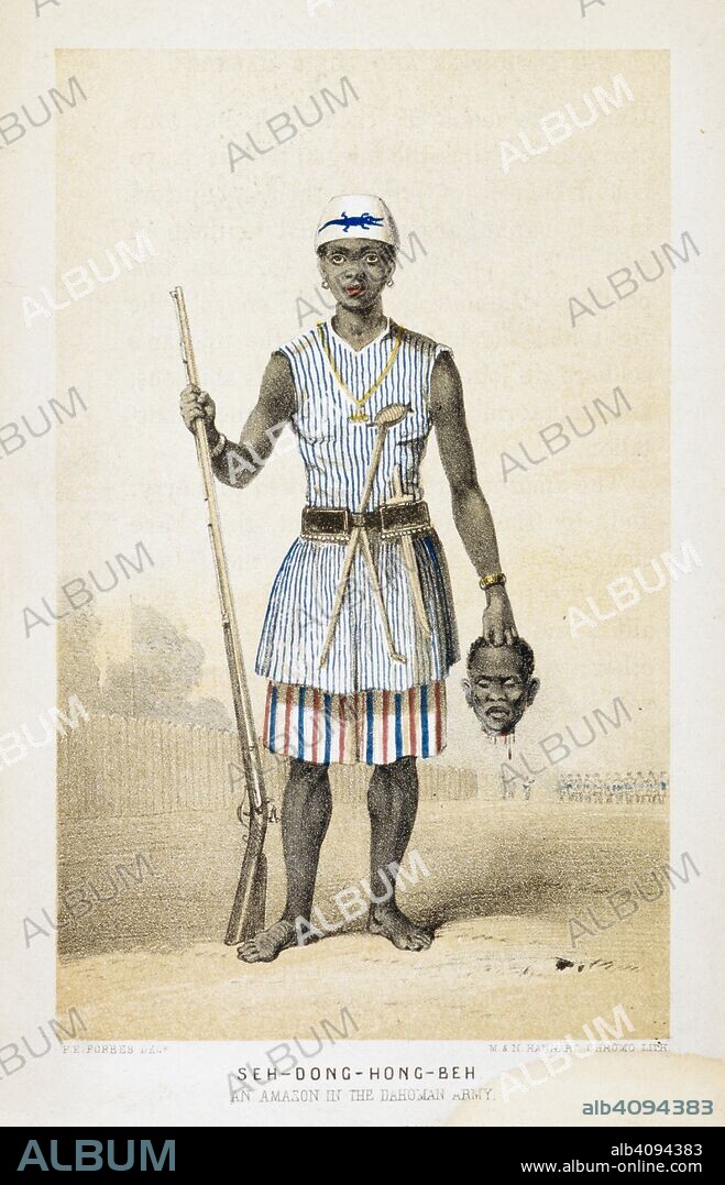 FREDERICK EDWYN FORBES. Seh-Dong-Hong-Beh. An Amazon in the Dahoman army. A woman in uniform, holding a rifle in one hand and a decapitated head of enemy in the other. . Dahomey and the Dahomans: being the journals of two missions to the King of Dahomey. London, 1851. Source: 10097.d.21 plate facing page 23.