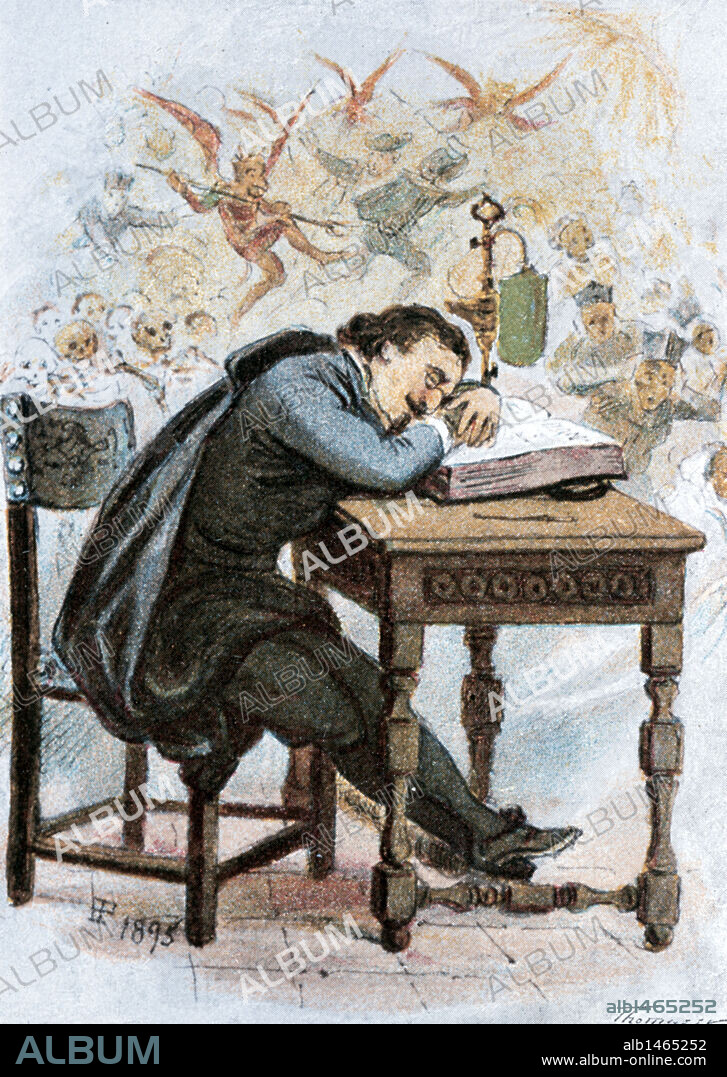 LITERATURA CASTELLANA. S. XVI-XVII. QUEVEDO Y VILLEGAS, Francisco de (Madrid, 1580Villanueva de los Infantes, 1645). Escritor español, una de las mayores figuras del Siglo de Oro y principal representante del conceptismo. "EL SUEÑO DE LAS CALAVERAS". Ilustración de la obra editada en el s. XIX.