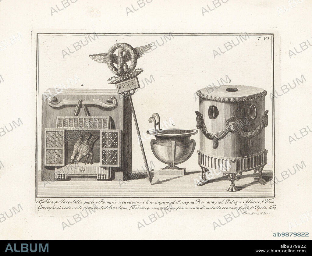 Roman bird cage used by augurs for reading omens in bird behavior 1, Roman standard or aquila with SPQR in the Palazzo Albani 1, Greek vase from a painting at Herculaneum 2, and hearth from a metal fragment found outside the Porta Maggiore. Copperplate engraving by Domenico Pronti from his own New Collection Representing Religious, Civil and Military Costumes of the Ancient Egyptians, Etruscans, Greeks and Romans, Nuova Raccolta Rappresentante I Costumi Religiosi Civili e Militari, Rome, 1805.