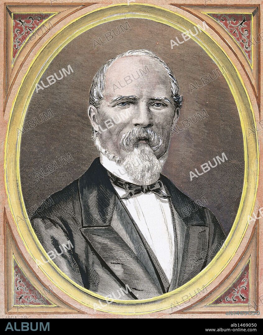 CABRERA Y GRIÑO, Ramón (Tortosa, 1806-Wentworth, Inglaterra, 1877). Conocido como "El Tigre del Maestrazgo". Militar español, y líder carlista. Participó en las dos guerras carlistas. Partidario de Alfonso XII, consiguió varios privilegios como el de conde de Morella, confirmado posteriormente por el monarca. Grabado iluminado de la "Ilustración Española y Americana".