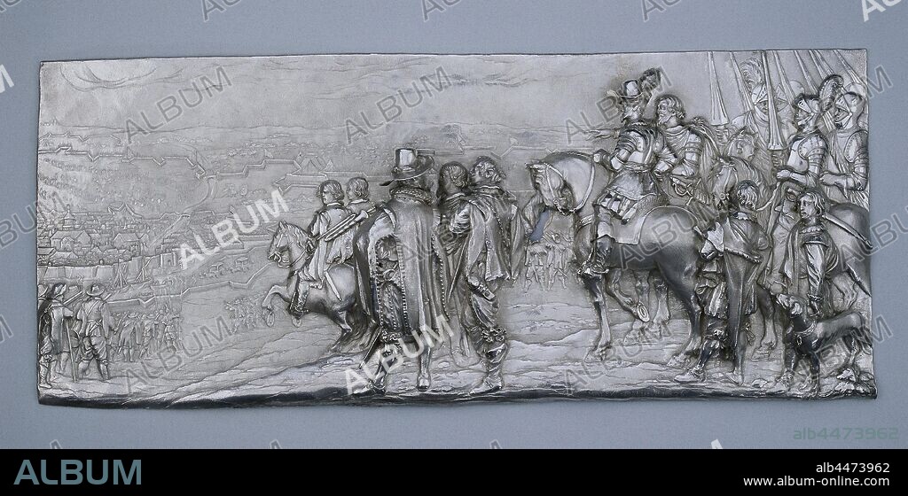 Box with Episodes from the Life of the Spinola Family General Ambrogio Spinola during the siege of Gulik in 1622 Scenes from the life of the Spinola family (series title), A bas relief of driven silver that is elongated and square with rounded corners, with the depiction of the general Ambrogio Spinola during the siege of Gulik in 1622. Signed and dated: MATEVS. MELIN. F 1636, Ambrogio Spinola (Marquis de los Balbases), Mattheus Melijn, Southern Netherlands, 1636, silver (metal), h 23 cm × w 54.5 cm, Gianbattista Spinola here receives the keys to the Duchy of San Pietro in Galatina (Sicily). From then on, he and his wife Maria Spinola were the duke and duchess and were adored by the people.