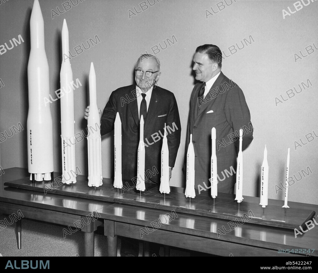 Truman Receives Rocket Models, 1961. On November 3, 1961 former President Harry S. Truman visited the newly opened NASA Headquarters in Washington D.C. Accompanied by former NASA Administrator James E. Webb, he was presented with a collection of rocket models for his Presidential Library in Independence, Missouri.