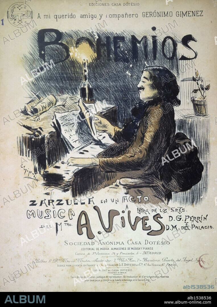 AMADEO VIVES. Cubierta de la zarzuela "Bohemios" del maestro Vives, Amadeo; Editada en Madrid.