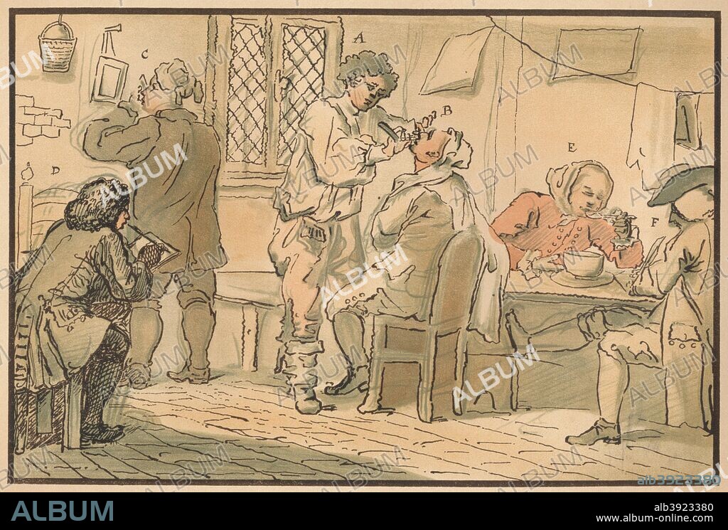 'Breakfast scene from 'The Five Days Peregrination'', 1732. This series is an account of a tour of the Kent Coast made by William Hogarth and four friends in May 1732. The four were Samuel Scott (marine painter), John Thornhill (Hogarth's brother in law), Ebenezer Forrest (lawyer) and William Tothall (woollen draper). From William Hogarth, by Austin Dobson. [Hachette Et Cie, Paris, 1904].