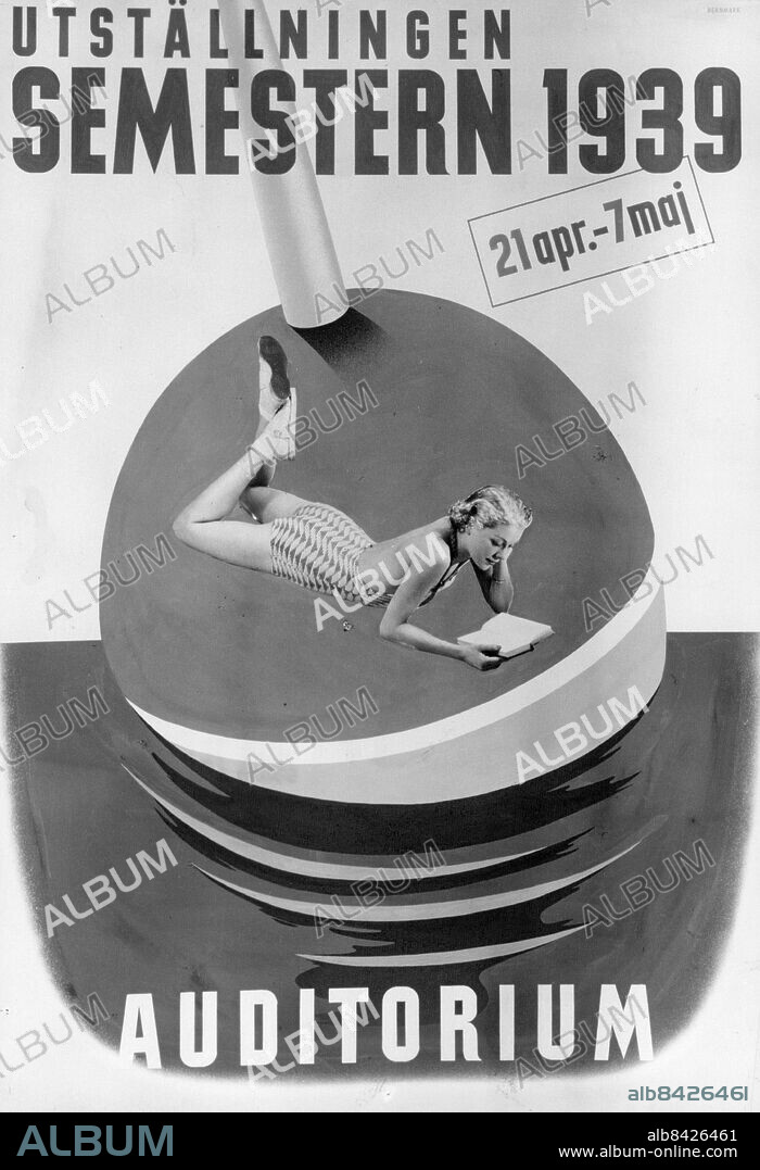 Stockholm 1939-04-05. Affisch från Semesterutställningen i Auditorium ritad av Harry Bernmark. Foto: SvD / TT / kod 12014.
