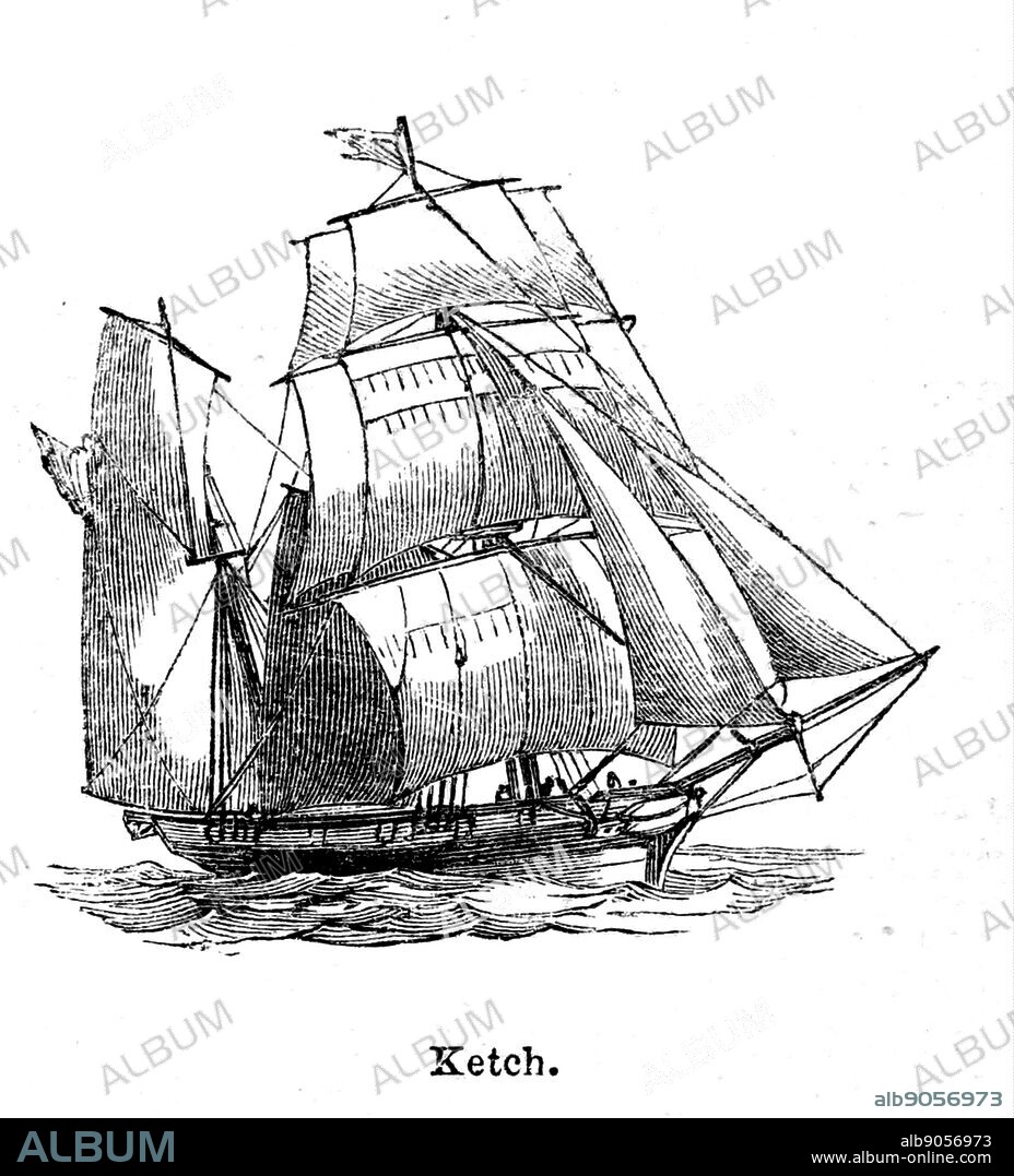 Engraving of a Ketch, a two-masted, fore-and-aft rigged sailing boat with a mizzenmast stepped forward of the rudder and smaller than its foremast. Dated 19th Century.