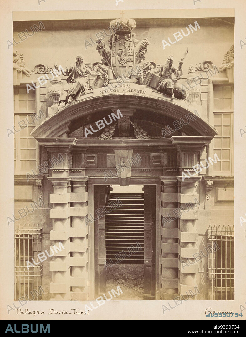Entrance gate university building in Genoa, Palazzo Doria - Tursi Genova.- (title on object), Entrance gate university building in Genoa, located in a former Jesuit church. Information in caption is incorrect., Francesco Ciappei, anonymous (rejected attribution), Genua, c. 1875, cardboard, albumen print, height 268 mm × width 204 mm.