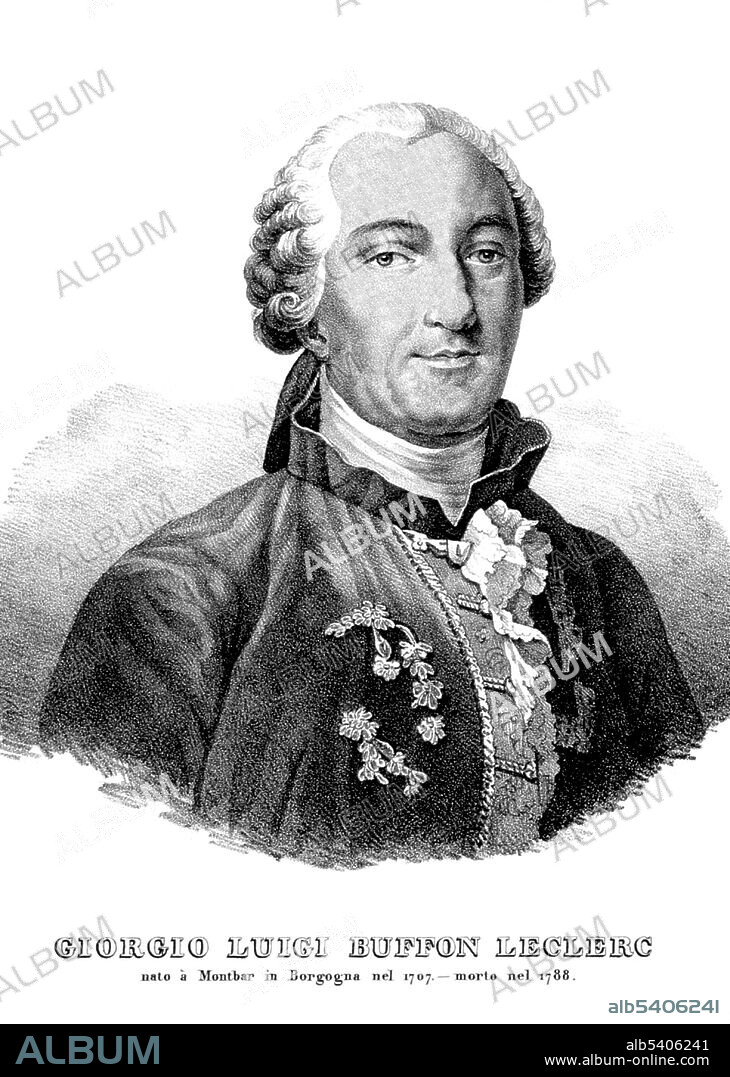 Georges Louis Leclerc, Comte de Buffon (September 7, 1707 - April 16, 1788) was a French naturalist, mathematician, cosmologist, and encyclopedic author. He epitomizes the revolutionary changes that the Enlightenment brought to the study of nature. 100 years before Darwin, Buffon published his Historie Naturelle (Natural History), a 44 volume encyclopedia describing everything known about the natural world, he wrestled with the similarities of humans and apes and even talked about common ancestry of Man and apes, but ultimately rejected the possibility of a common descent. His works influenced the next two generations of naturalists, including Jean-Baptiste Lamarck and Georges Cuvier. He brought the idea of evolution into the realm of science. He developed a concept of the "unity of type", a precursor of comparative anatomy. More than anyone else, he was responsible for the acceptance of a long-time scale for the history of the earth. He died in 1788 at the age of 80. No artist credited, lithograph, undated.