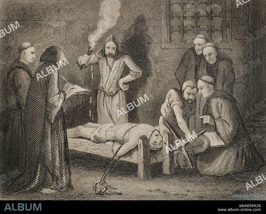 Agustín de Cazalla (Agustín de Cazalla Vivero) (c. 1510-1559). Spanish clergyman and member of the Lutheran group of Valladolid. Emperor Charles V appointed him as his chaplain in 1542, taking Cazalla with him the following year to Germany and Flanders, where he preached against heretics with such vigour and zeal that he was admired by all Catholics. The Inquisition imprisoned him on charges that he had been a vocal advocate of Protestant ideas, founding a Protestant group in Valladolid (Castile, Spain). He was subjected to a trial controlled at all times by the Inquisitor General Fernando de Valdés. Cazalla denied all the charges against him, until in the torment he declared that he had turned away from the Catholic religion, saying that he was willing to return to the thinking of the Church if he was allowed to abjure with penance in a public process. The inquisitors flatly refused and condemned him to death. Once in the burner, Cazalla addressed his friends, exhorting them to abandon their doctrines and die in the Catholic religion. In view of the signs of repentance, the inquisitors only allowed him to be garrotted and his corpse to be burnt afterwards. Doctor Cazalla suffering torment. Engraving. Historia de las persecuciones políticas y religiosas en Europa (History of political and religious persecutions in Europe). Volume III. Published in Barcelona, 1864.