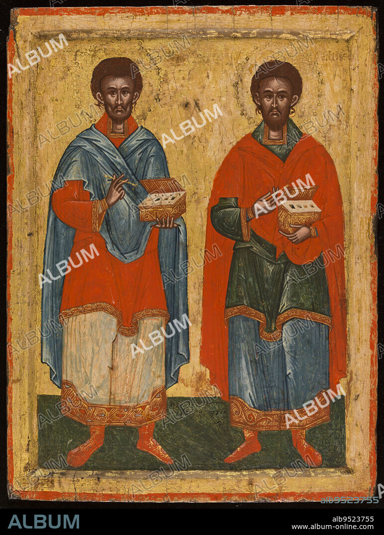 Saint Cosmas and Saint Damian, Cretan School, Painter, Between 1500 and 1600, 4th quarter of the 16th century, Painting, Icon, Tempera, Wood (material), Dimensions - Work: Height: 44.5 cm, Width: 33.5 cm.