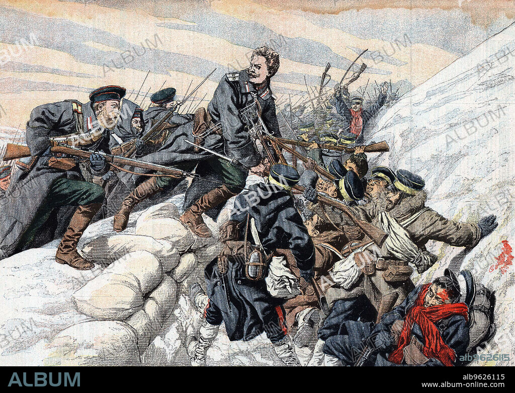 Russian attack on the Japanese trenches outside Port Arthur. Russo-Japanese War, 1904-5. From Le Petit Journal, Paris.