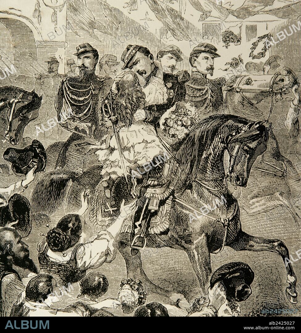 MAC-MAHON, Marie Edmé Patrice Maurice (Sully, 1803-Loiret,1893). Mariscal de Francia, duque de Magenta y segundo presidente de la III República Francesa. Participó en la guerra de Crimea, en la batalla del Sedan y sofocó sangrientamente la Revolución de La Comuna de París. "Episodio de la entrada del general Mac-Mahon a la ciudad de Milan, Italia". Grabado por Dumont. "El Album de las Familias", 1859.