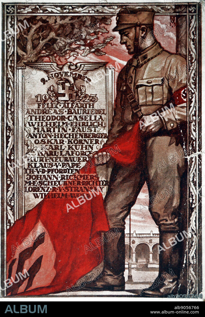 commemorative postcard issued to mark the 10th anniversary of the Beer Hall Putsch, also known as the Munich Putsch, a failed attempt by the Nazi Party leader Adolf Hitler with Erich Ludendorff and other leaders to seize power in Munich, Bavaria, during 89 November 1923. Around two-thousand men marched to the centre of Munich and, in the ensuing confrontation with police forces, sixteen Nazis and four policemen were killed.