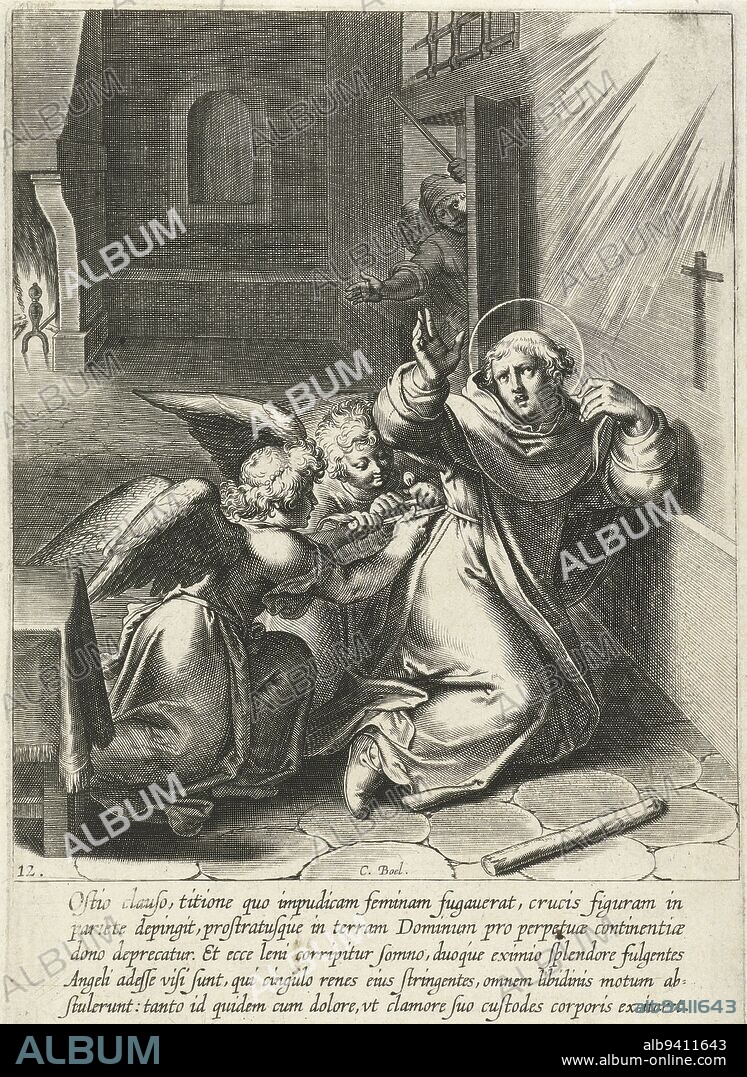 Thomas makes a cross with soot on the prison wall and prays that he will never feel carnal desire again. Two angels then tie a cord around him that delivers him from desire. Print from a series of 30 prints depicting the life story of Thomas Aquinas. The prints, designed and published by Otto van Veen, were created by C. Boel, E. van Paenderen, C. Galle and G. Swanenburgh, Two angels tie a cord around Thomas in the middle The life of St. Thomas Aquinas (series title), print maker: Cornelis Boel, (mentioned on object), intermediary draughtsman: Otto van Veen, publisher: Otto van Veen, print maker: Southern Netherlands, publisher: Antwerp, 1610, paper, engraving, h 208 mm × w 148 mm.