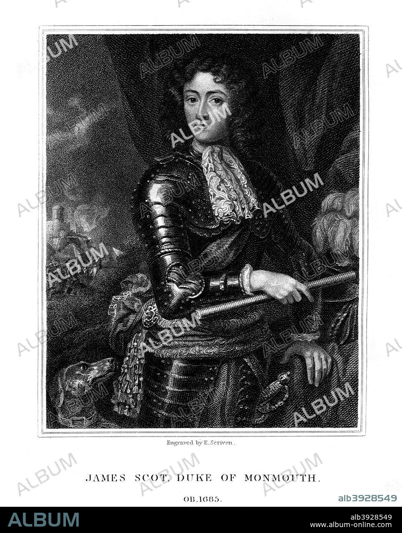 James Scott, 1st Duke of Monmouth, recognized by some as James II of England, (1826). James, Duke of Monmouth (1649-1685), Pretender to throne of Scotland and England. Monmouth, the illegitimate son of Charles II and Lucy Walter launched a rebellion in 1685. Claiming to be Charles' rightful heir, he attempted to overthrow the Roman Catholic King James II. His revolt ended in defeat at the Battle of Sedgmoor, Somerset, on 6 July 1685 and Monmouth was subsequently beheaded on Tower Hill.