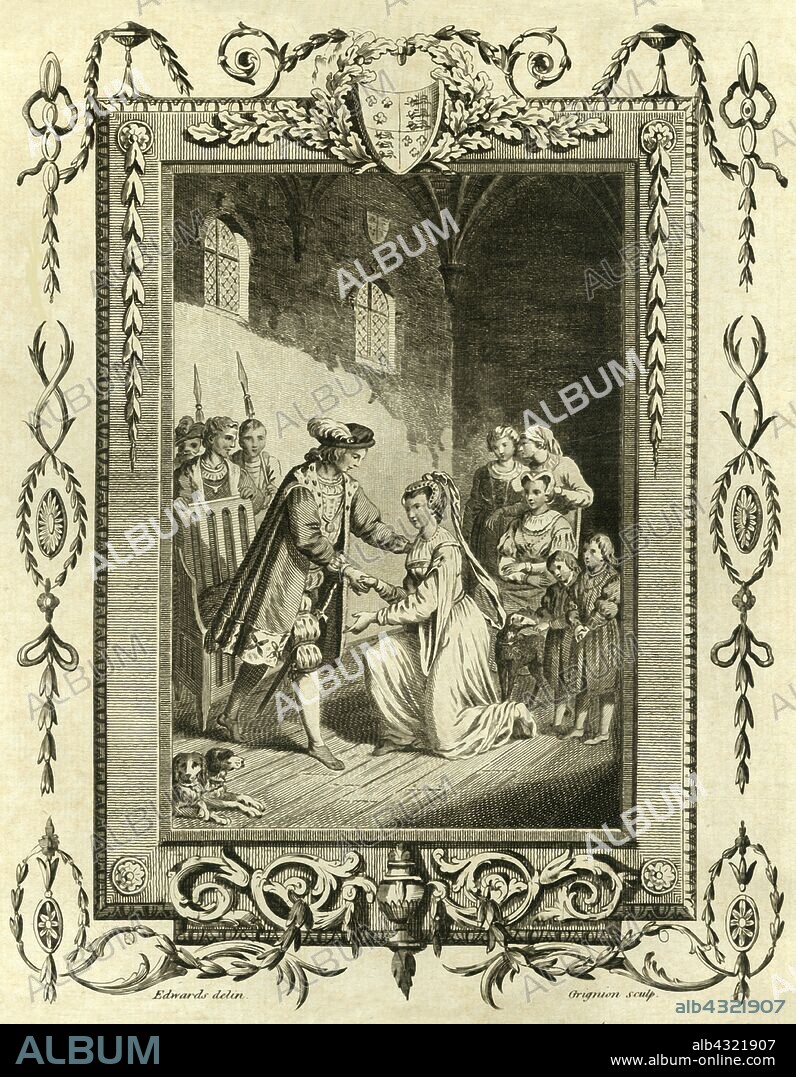 'Lady Elizabeth Grey petitioning Edward IV to restore her lands', (1461), 1783. Elizabeth Woodville, later to be wife of King Edward IV petitioned the king to return her lands in 1461. From "New Complete and Authentic History of England", by Edward Barnard. [Alex Hogg, London, 1783].
