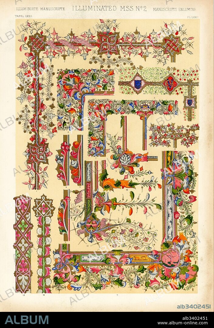 Medieval illuminated manuscripts from the 13th century 13,14, 14th century 1,3-6,8-11, and 15th century 2,7,12,15. Chromolithograph by Francis Bedford from Owen Jones' The Grammar of Ornament, Quaritch, London, 1868.