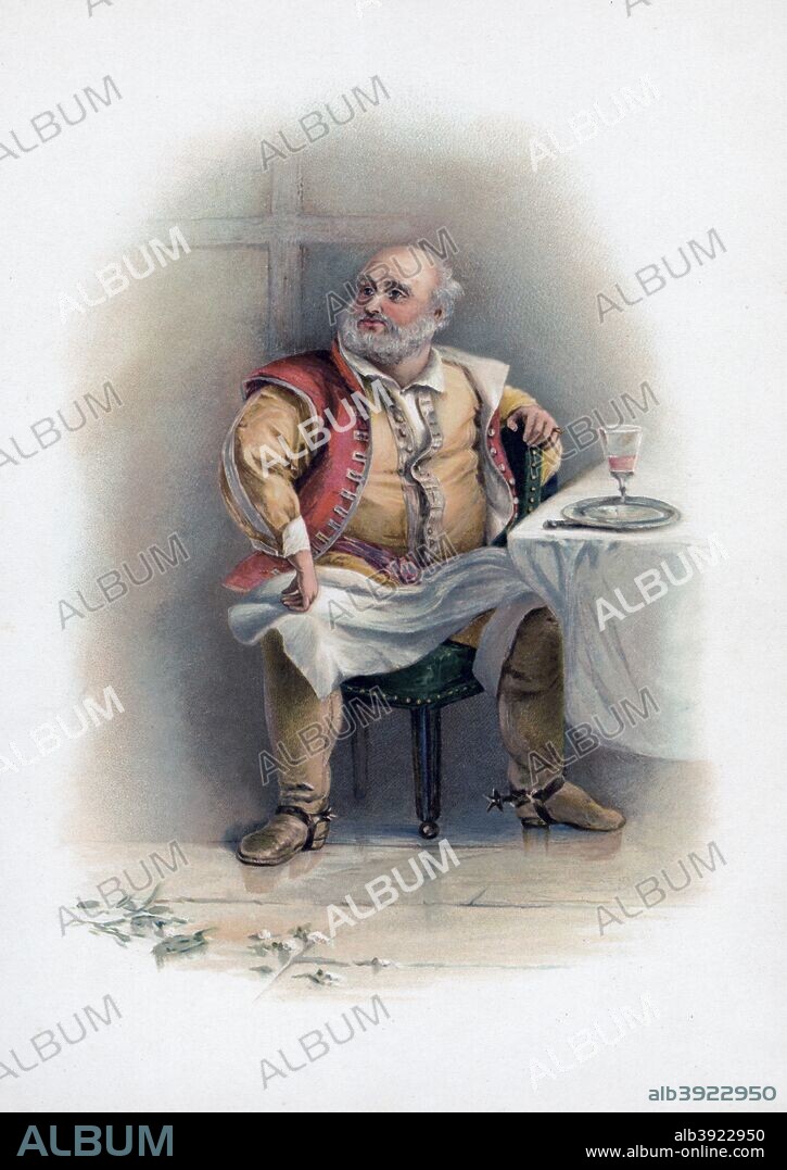 'Falstaff', 1891. Sir John Falstaff, a character from Henry IV Parts I and II, and  The Merry Wives of Windsor. A colour lithograph from Shakespeare's Heroes and Heroines after Sir A Callcott, C R Leslie, D Maclise, A Redgrave, S Hart & C, published by Raphael Tuck & Sons, (London, 1891).
