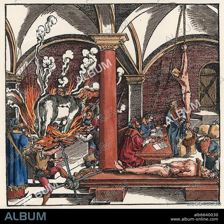 Petrarcameister tätig 1. Drittel 16. Jh. "Von Peinigung". (Links: Phalaris läßt Perillus in einem ehernen Stier rösten; rechts: Streckfolter). Holzschnitt, spätere Kolorierung. Aus: Francesco Petrarca (dt.), Von der Artzney bayder Glueck, Augsburg 1532.