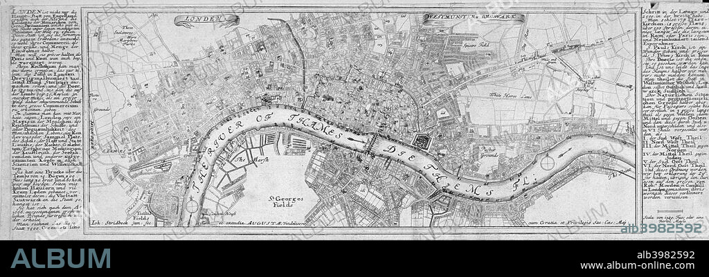 Map of London, 1700. The City of London, City of Westminster, River Thames, Lambeth, Southwark and surrounding areas; either side contains text in German.