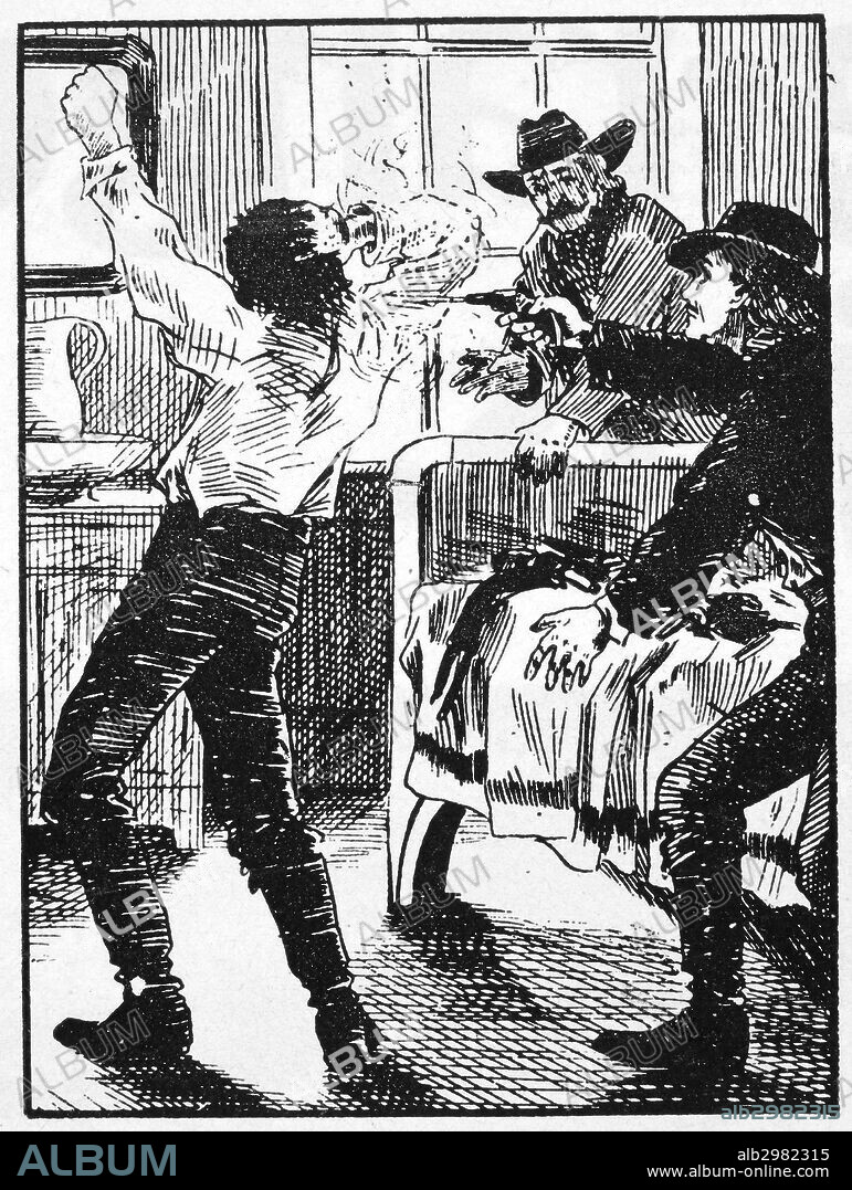 JESSE JAMES (1847-1882).American desperado. The murder of Jesse James by Robert Ford at his home in St. Joseph, Missouri, on 3 April 1882. Contemporary drawing.