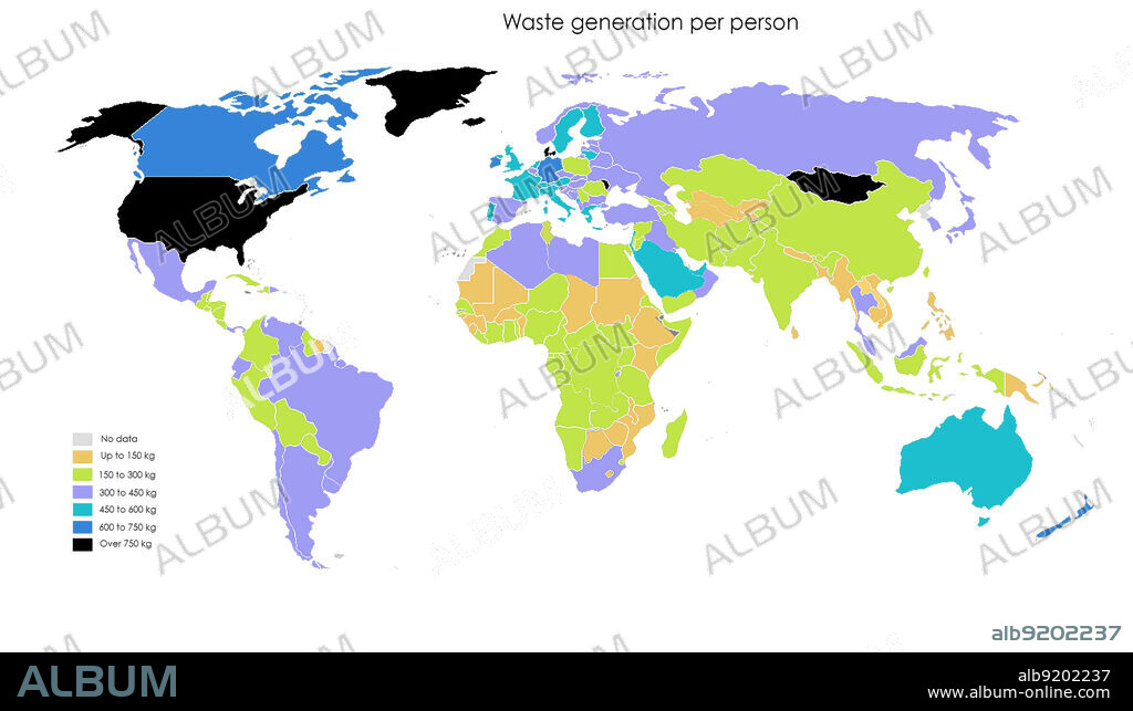 A map showing waste generation per person, in kilograms. Data from 2016. The United States is currently one of the top per capita producers of trash. The World Bank estimates that by 2050 Europeans and North Americans will generate 25% more waste, while trash generation will double in South Asia and triple in sub-Saharan Africa. It is estimated that by the middle of the century, the world will be producing 3.4 billion tons of waste.