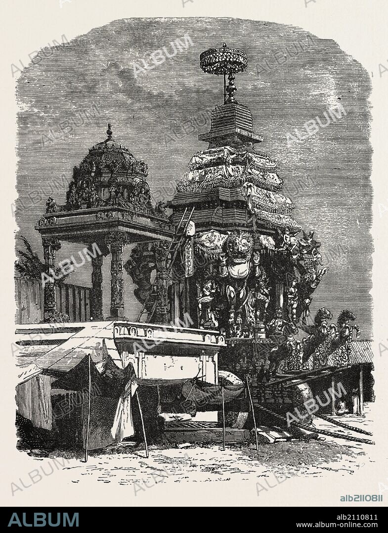THE CAR OF JUGGERNAUT. Hindu Ratha Yatra temple car, which apocryphally was reputed to crush devotees under its wheels. The word is derived from the Sanskrit Jagannatha (Devanagari) "world-lord", one of the names of Krishna found in the Sanskrit epics.