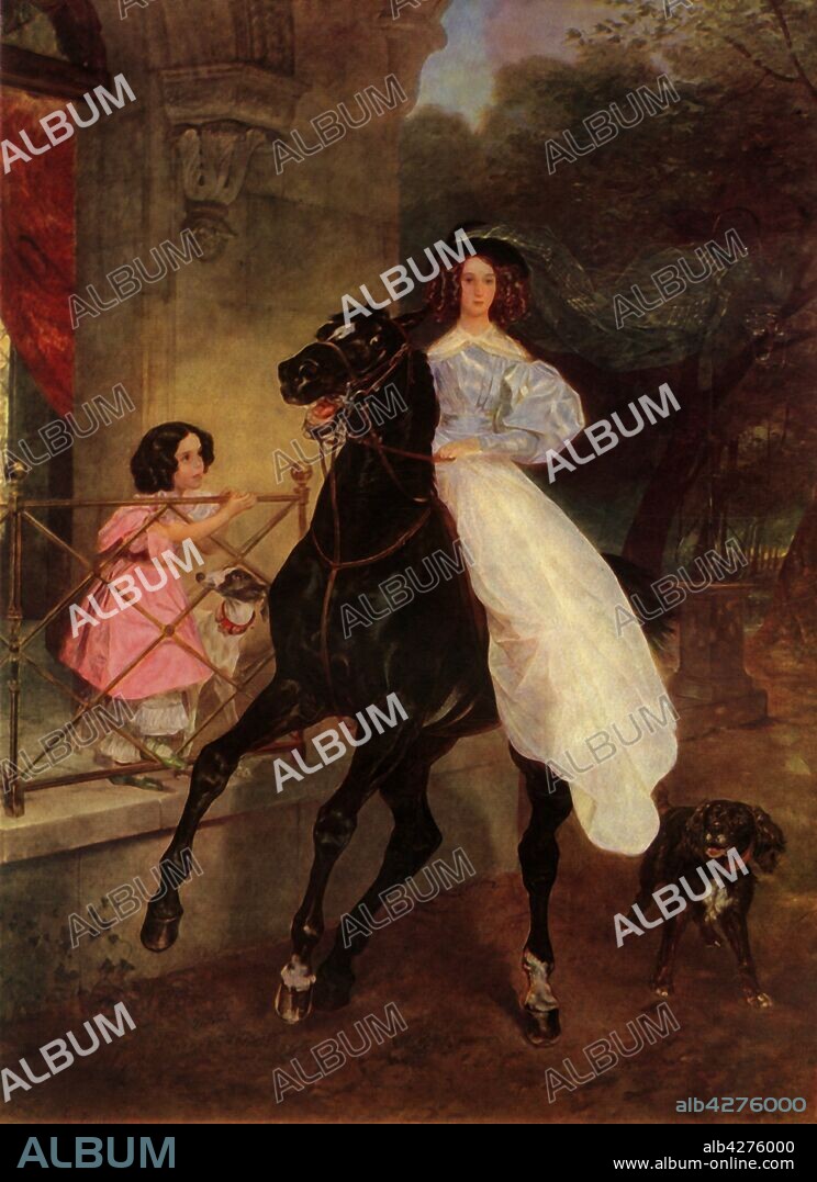KARL BRIULLOV. 'The Horsewoman', 1832, (1965). 'Portrait of Giovanna Pacini, foster-child of Countess J.P. Samoylova, a friend of the painter's'. Giovannina and Amazilia Pacini were the daughters of Italian composer Giovanni Pacini. Painting in the State Tretyakov Gallery, Moscow. From "Russian Painting of the 18th and 19th Centuries" by Vladimir Fiala. [Artia, Czechoslovakia, 1965].