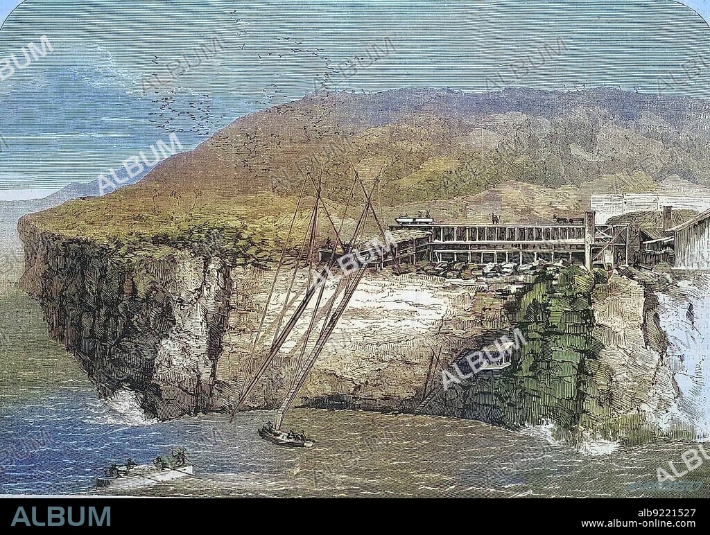 Mining of guano on Navassa Island, 1869, uninhabited island in the Caribbean Sea, Greater Antilles, Historic, digitally restored reproduction of an original 19th century artwork, exact original date unknown
