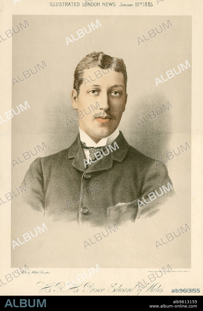 Albert Victor, Duke of Clarence, 1885. The eldest son of Edward, Prince of Wales (later Edward VII), Albert (1864-1892) was known to his family as Eddy. He died of pneumonia in 1892 and his brother George became first in line to the throne in the event of his father's death. Tinted lithograph published to mark his 21st birthday.