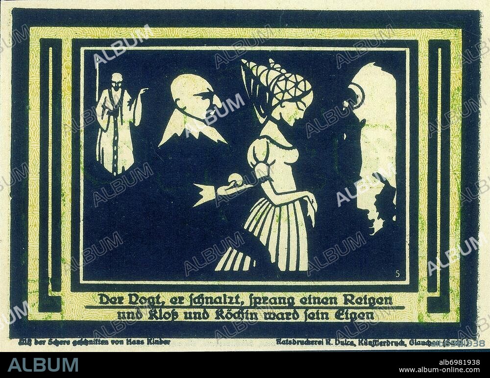 Deutsche Geschichte / Weimarer Republik / Wirtschaft / Inflation / Gutschein / 1921. Notgeld des Bezirksverbands Auerbach im Vogtland (Sachsen). Text: "Der Vogt, er schnalzt, sprang einen Reigen, und Kloß und Köchin ward sein Eigen". Gedicht und Scherenschnitt von Hans Kinder (1900-1986), Nr. 5 von 5 Scherenschnitten. "Der Landvogt war ein Schlemmerbart, Sucht ein Gericht gar seltner Art. Drum zog er hin die Kreuz und Quer. Und roch in jedem Haus umher. Bis in der Auerbacher Luft. Sein Herz erquickt ein leckrer Duft. Grad kochte man zur Mittagszeit. Vogtländsche Klöße weit und breit. Der Vogt, er schnalzt, sprang einen Reigen, und Kloß und Köchin ward sein Eigen". Notgeld. Wert: 75 Pfennig. Format: 10 cm x 7,3 cm. Ausgabedatum: 1. Juli 1921.