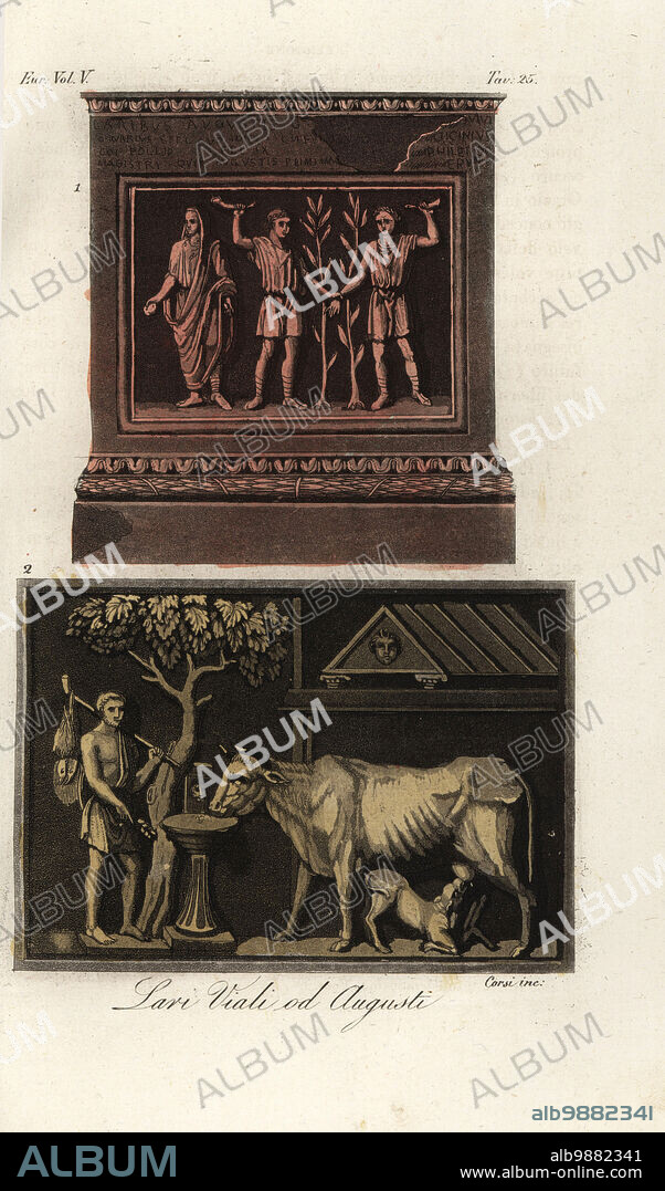 Roman household gods or Lares in a Lararium shrine, showing two young men, genii of Augustus, in tunics and coturn sandals with drinking horns, found in Herculaneum 1. A Lustrazio or Lustratio purification rite of a dairy cow from a marble bas-relief found in Otricoli 2. Lari Viali od Augusti e Lustrazione. Handcoloured copperplate engraving by Corsi from Giulio Ferrarios Costumes Ancient and Modern of the Peoples of the World, Il Costume Antico e Moderno, Florence, 1843.