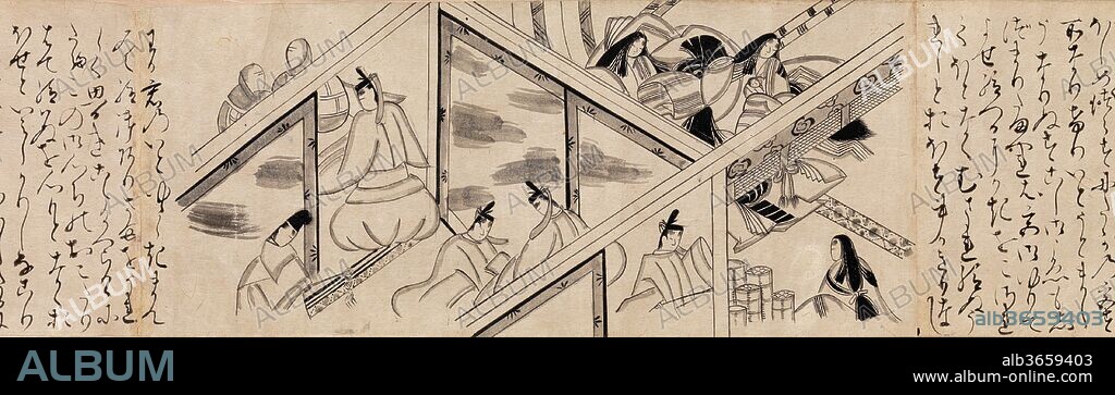 "Heartvine" ("Aoi") chapter from The Tale of Genji (Genji monogatari). Culture: Japan. Dimensions: Image: 4 3/4 in. × 18 ft. 9 3/16 in. (12 × 572 cm)
Overall with knobs: 5 in. × 18 ft. 9 3/16 in. (12.7 × 572 cm). Date: 16th century.
This scroll, with its engagingly childlike rendition of scenes from the ninth chapter of The Tale of Genji, is an example of a ko-e ("small pictures") handscroll, a format popular among amateur painters, including court ladies, during the Muromachi period. Scenes executed in a simplified version of the classic hakubyo (white drawing) method of monochrome painting alternate with sections of text. The compositional device known as fukinuki-yatai, or "blown-away roof," permits viewers to peer into several rooms of Prince Genji's residence at once. Genji's wife Aoi has just given birth to his son Yugiri, but she dies shortly thereafter, a victim of the jealous spirit of Genji's former lover, the Rokujo lady.