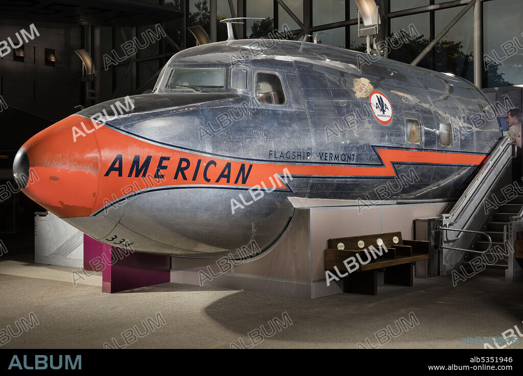 DOUGLAS AIRCRAFT COMPANY. Forward fuselage only. Douglas DC-7;The Douglas DC-7 was an advanced development of the;DC-6B piston-engine airliner. It was introduced by American Airlines on its New York–Los Angeles route in November 1953 and was the first airliner to provide nonstop transcontinental service in both directions. The fastest transport aircraft in service, the DC-7 cruised at 580 kilometers (360 miles) per hour. A total of 338 DC-7s of all types were purchased by 18 different airlines. Like other piston-engine airliners, it was made obsolete by the introduction of turbine-engine Boeing 707s and Douglas;DC-8s. Some DC-7s later served as cargo and charter planes. This nose section is from American Airlines’ Flagship Vermont, which carried about 130,000 passengers in its nearly 13,500 hours aloft. Gift of American Airlines;Wingspan:35.8 m (117 ft 6 in);Length:33.2 m (108 ft 11 in);Height:8.7 m (28 ft 7 in);Weight, gross:55,429 kg (122,200 lb);Weight, empty:30,076 kg (66,305 lb);Top speed:656 km/h (410 mph);Engine:4 Wright R-3350 Turbo Compound, 3,250 hp;Manufacturer:Douglas Aircraft Co., Santa Monica, Calif., 1956.