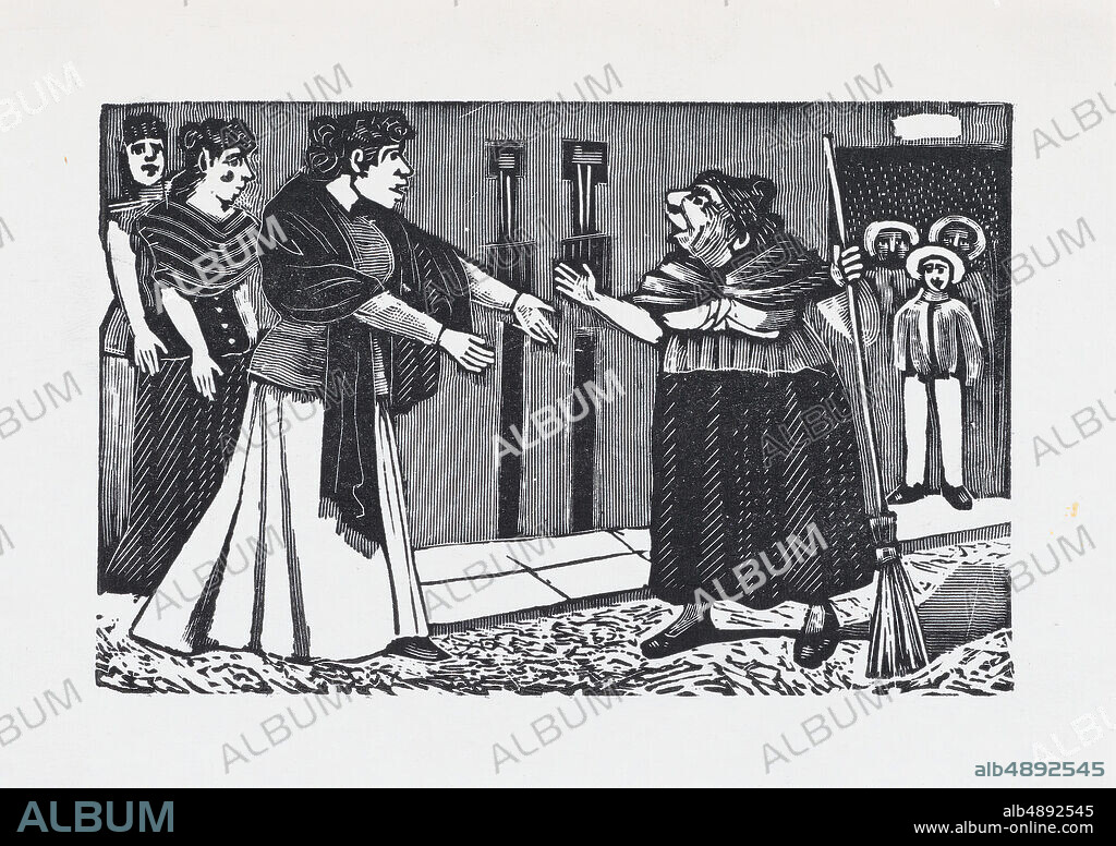 José Guadalupe Posada, An old woman with a broom in her hand arguing with a younger woman from a broadside entitled 'El Pleito de Vecindad', José Guadalupe Posada (Mexican, 18511913), ca. 18801910, Wood engraving, Sheet: 4 3/4 × 6 11/16 in. (12 × 17 cm), Image: 3 7/16 × 5 3/8 in. (8.8 × 13.7 cm), Prints.