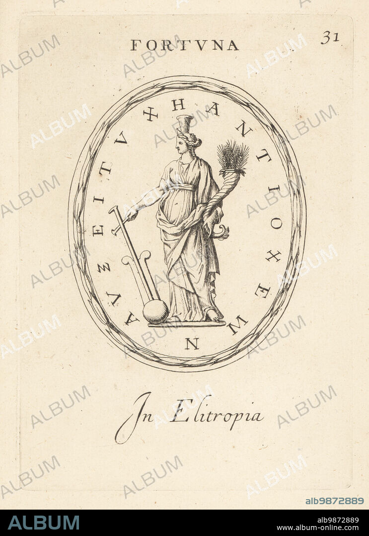 Allegorical figure of Fortune of Antioch in heliotrope. Tyche, goddess of Fortune, in mural crown, holding the Horn of Amalthea, filled with wheat. In heliotrope. Fortuna d'Antiochia, in elitropia. Copperplate engraving by Giovanni Battista Galestruzzi after Leonardo Agostini from Gemmae et Sculpturae Antiquae Depicti ab Leonardo Augustino Senesi, Abraham Blooteling, Amsterdam, 1685.