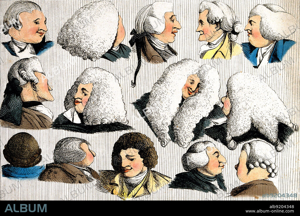 Fourteen heads showing different types of wigs for men. The 18th century was an age of elegance. Never in European history do we see men and women so elaborately artificial, so far removed from natural appearance. What could not be done with the natural hair was made with wigs. This epoch was an extravagant explosion of amazing hairstyles, a reaction completely opposed to the modesty and shyness of former centuries. In the mid-to-late 18th century, large, elaborate and often themed wigs were in vogue for women. These combed-up hair extensions were often very heavy, weighted down with pomades, powders, and other ornamentation. Men's wigs were powdered in order to give them their distinctive white or off-white color. Powdering wigs and extensions were messy and inconvenient, and the development of the naturally white or off-white powder-less wig (made of horsehair) for men made the retention of wigs in everyday court dress a practical possibility. Colord etching by by M. Darly, 1773.