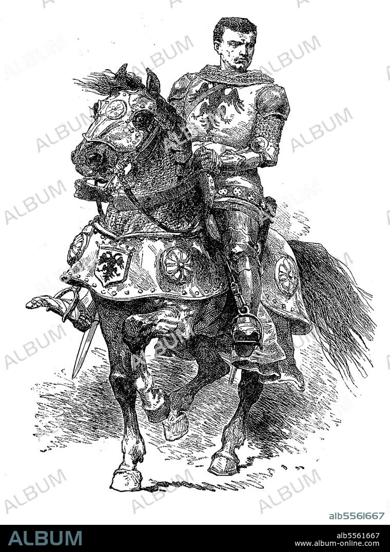 Bertrand du Guesclin, 1320-1380, was an important Breton army commander and Connétable of France. Thanks to his military successes in the Hundred Years' War between the crowns of England and France, he went down in history as a knight without blemish, Historical, digitally restored reproduction of a 19th century original, exact date not known