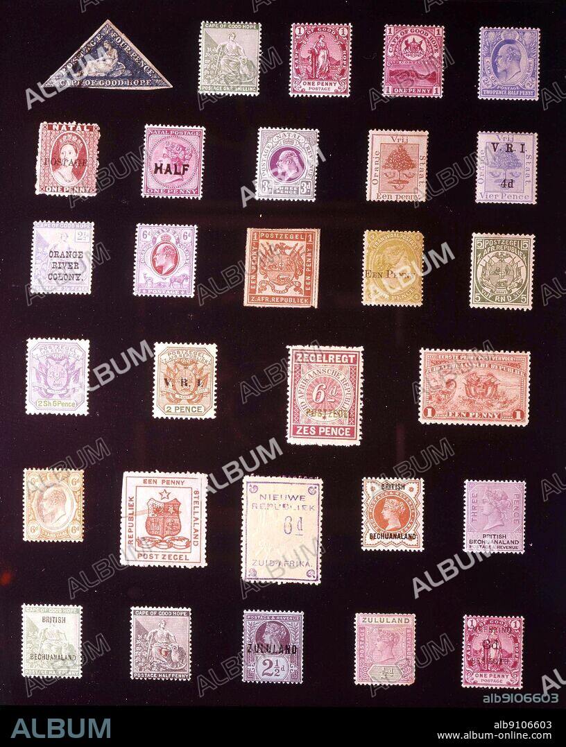 AFRICA - SOUTH AFRICA (1 of 2): (left to right) 1. Cape of Good Hope, 4 pence, 1853, 2. Cape of Good Hope, 1 shilling, 1871, 3. Cape of Good Hope, 1 penny, 1893, 4. Cape of Good Hope, 1 penny, 1900, 5. Cape of Good Hope, 2.5 pence, 1903, 6. Natal, 1 penny, 1869, 7. Natal, 0.5 penny, 1895, 8. Natal, 3 pence, 1902, 9. Orange Free State, 1 penny, 1866, 10. Orange Free State, 4 pence, 1900, 11. Orange River Colony, 2.5 pence, 1900, 12. Orange River Colony, 6 pence, 1903, 13. Transvaal, 1 penny, 1869. 14. Transvaal, 1 penny, 1882, 15. Transvaal, 5 pounds, 1892, 16. Transvaal, 2 pence, 1900, 18. Transvaal, 6 pence, 1895, 19. Transvaal, 1 penny, 1895, 20. Transvaal, 6 pence, 1902, 21. Stellaland, 1 penny, 1884, 22. New Republic, 6 pence, 1886, 23. British Bechuanaland, 0.5 penny, 1887, 24. British Bechuanaland, 3 pence, 1887, 25. British Bechuanaland, 0.5 penny, 1897, 26. Griqualand West, 0.5 penny, 1877, 27. Zululand, 2.5 pence, 1888, 28. Zululand, 0.5 penny, 1894, 29. Mafeking, 6 pence, 1900.